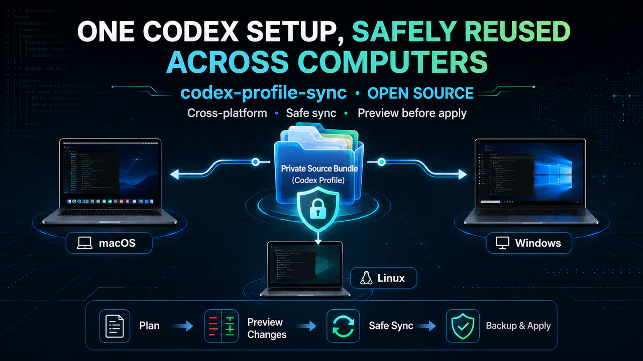 A private Codex profile connects macOS, Windows, and Linux in the codex-profile-sync cover illustration