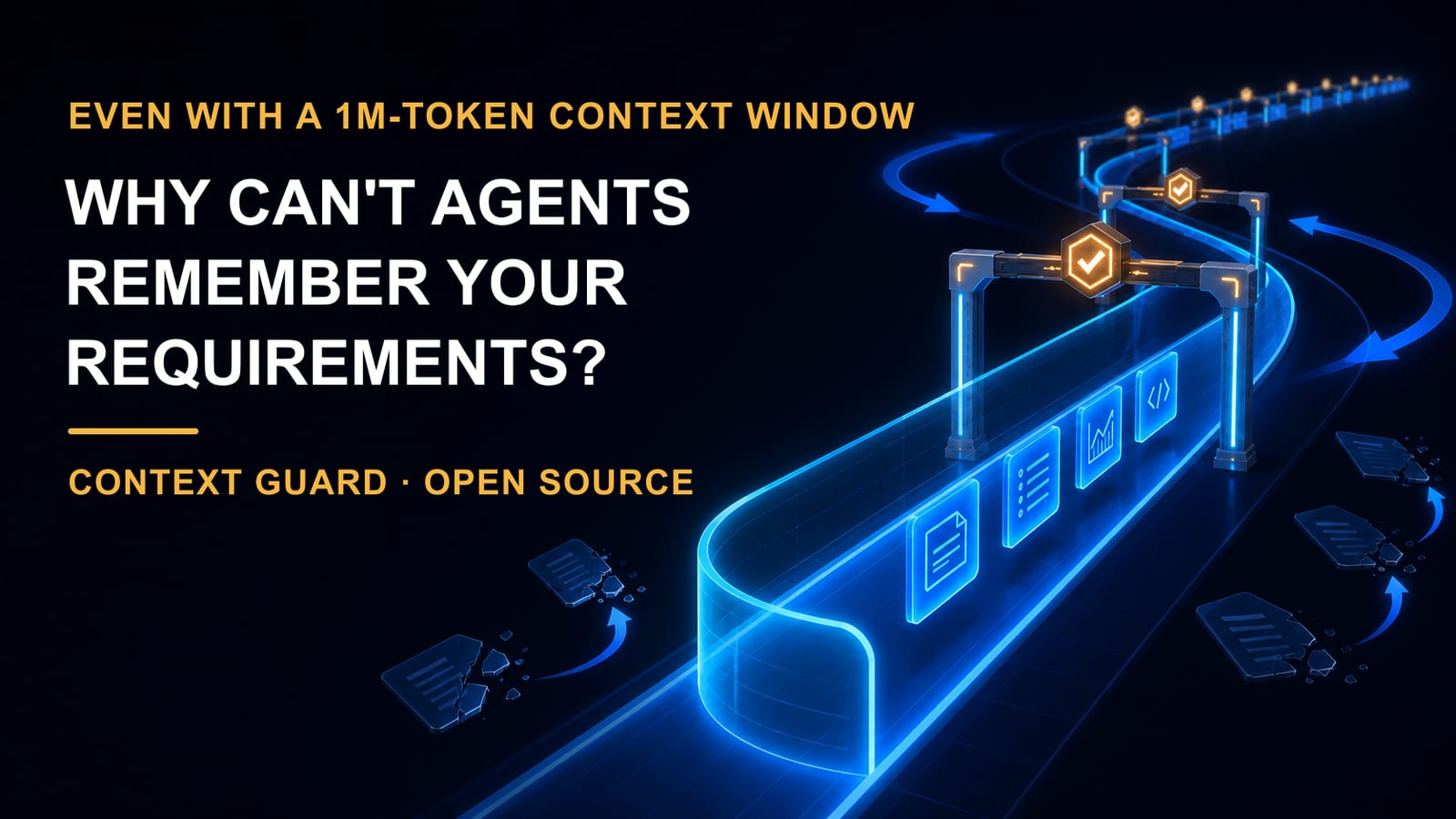 A large context stream carries task records while Context Guard checkpoints protect critical requirements from drifting away
