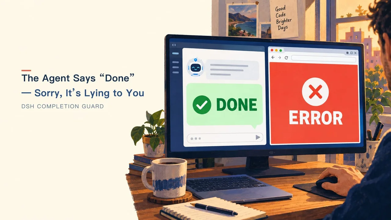 A coding assistant reports DONE while the adjacent browser preview still shows ERROR