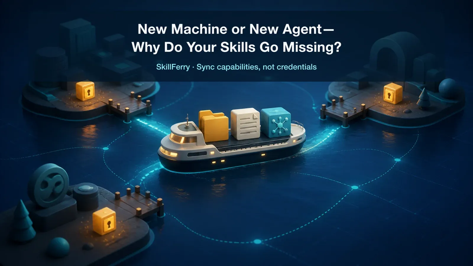 A digital ferry carries skill, rules, and MCP modules between agent environments while credential lockboxes remain on each machine